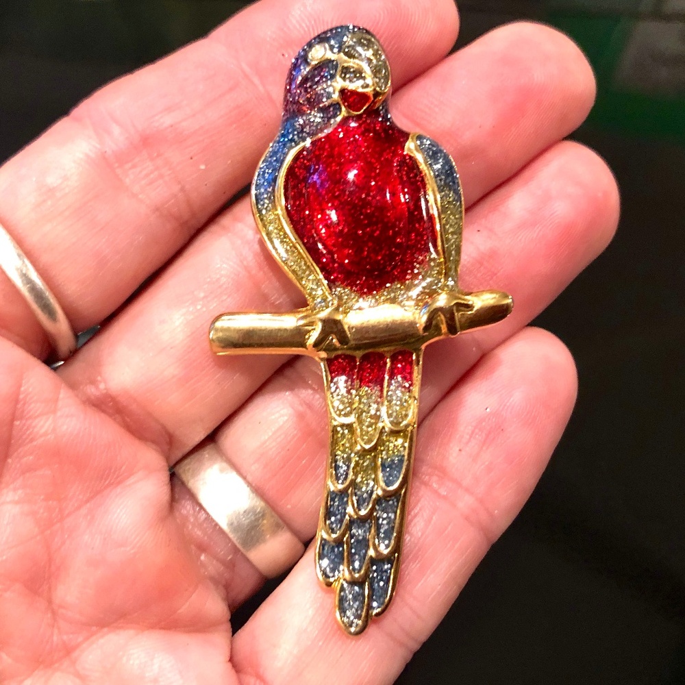 Vintage Shiny Gold Jelly Glitter Enamel Multi-Color Parrot on Branch Brooch Pin